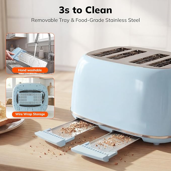Keenstone Toaster 4 Slice, Retro Stainless Steel Wide Slot Toaster with Dual Independent Controls, 6 Browning Levels, Bagel, Defrost, Reheat & Cancel, Removable Crumb Tray, Blue