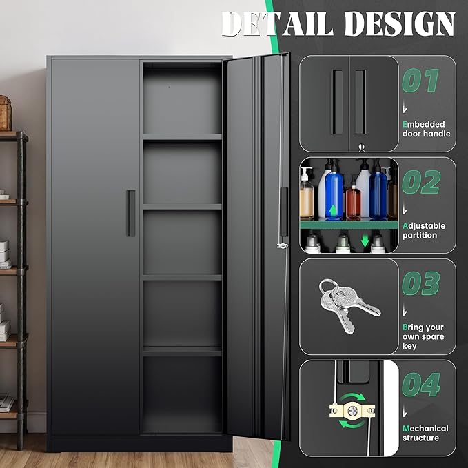 Oakmont Metal Storage Cabinet for Tool Organization, 72" Lockable Garage Storage Cabinets with 2 Doors and 4 Adjustable Shelves, Locking File Cabinet for Office, Home, School (72“ Standard-Black)
