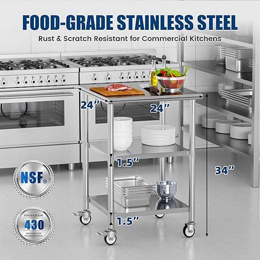 Stainless Steel Work Table with Wheels, 24x24 Inch NSF Kitchen Prep Table with 2 Adjustable Undershelves for Commercial Restaurant, Garage, Outdoor BBQ