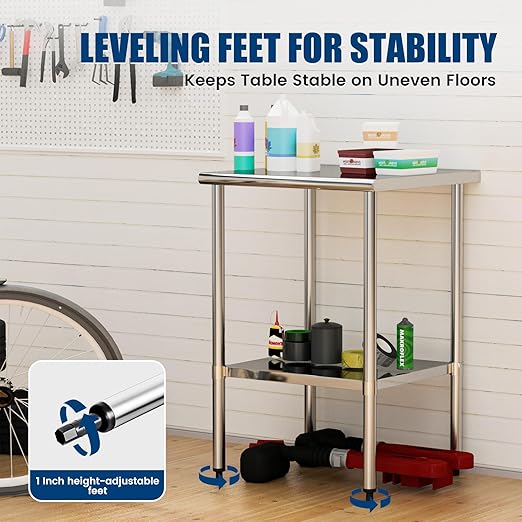 Stainless Steel Work Table 24 x 24 Inch with Adjustable Undershelf, Heavy-Duty Metal Prep Table for Commercial Kitchen & Restaurant, Garage, Outdoor