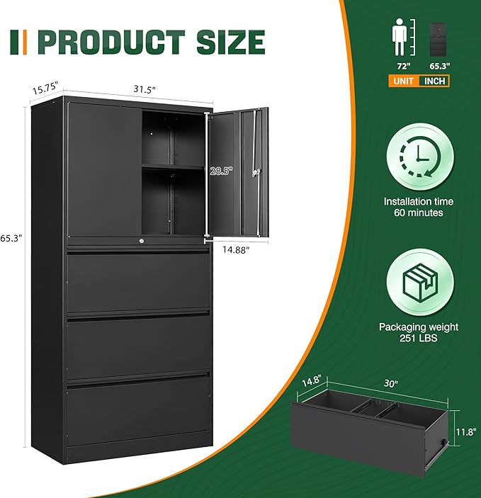 Letaya 3 Drawer Metal Storage Cabinets for Home Office,File Cabinet with Lock and 2 Adjust Shelves-Hang Filing Legal/Letter/A4/F4 Size（Black