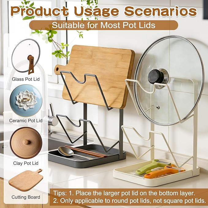 Kitchen Pot Lid Storage Rack, Pot Lid Holder With Tray, Multifunctional Double-layer Kitchen Organizer Stand, Lid And Spoon Rest While Cooking for Stove Top (Begie)