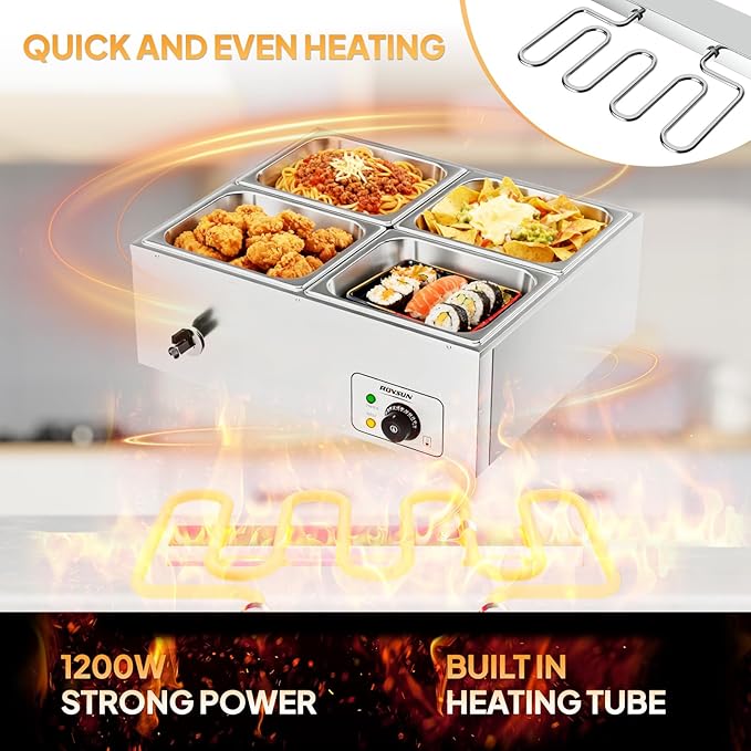 ROVSUN 42.3QT 1200W Electric Commercial Food Warmer, 4-Pan Steam Table 10.6 QT/Pan Stainless Steel Bain Marie Buffet Countertop with Temperature Control & Lid for Parties, Catering, Restaurants 110V
