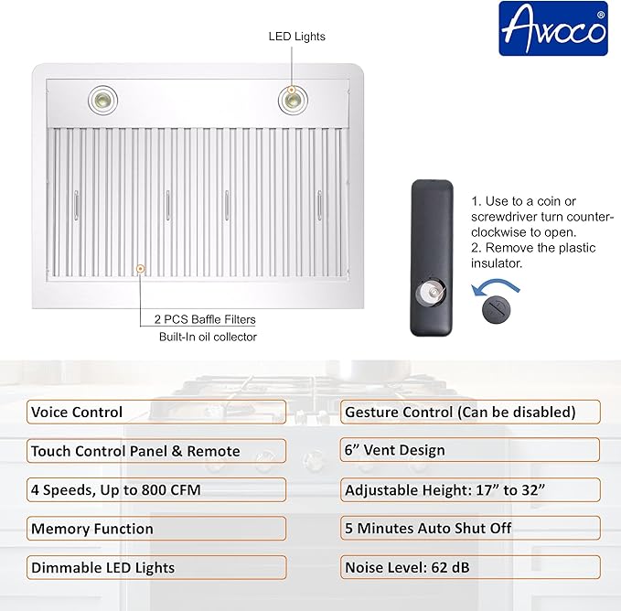 Awoco 30" Wall Mount Range Hood, T-Shape Kitchen Hood with 800 CFM, Voice, Gesture, Touch & Remote Controls, Stainless Steel, 6" Vent, Dimmable LED Lights, Baffle Filters, Adjustable Chimney