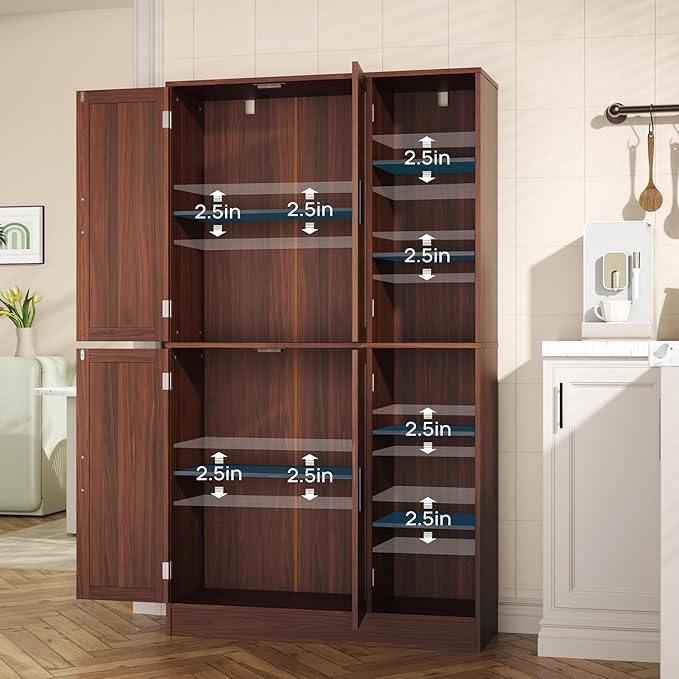 63" Tall Brown Kitchen Pantry, Freestanding Storage Cabinet with 4 Doors, Adjustable Shelves for Dining Room, Laundry Room