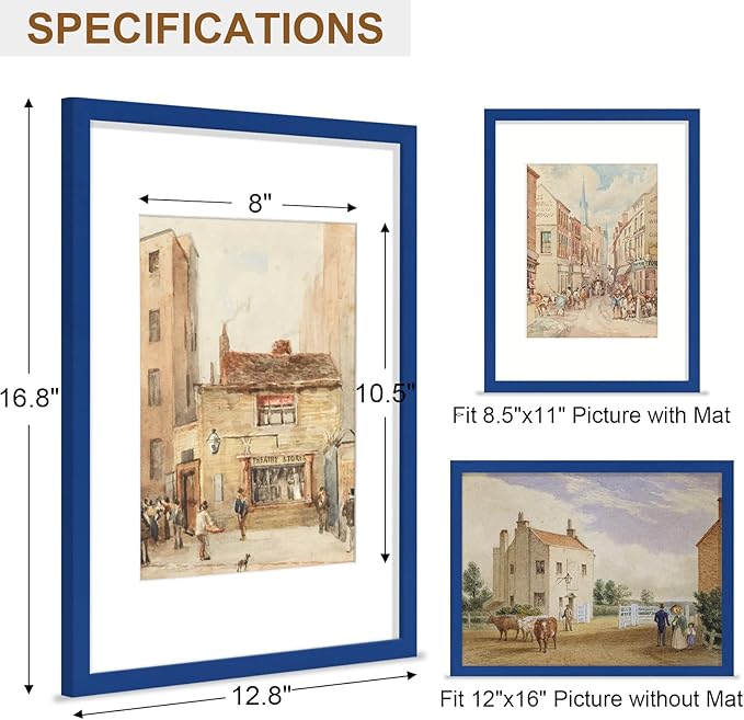 Vittanly 12x16 Picture Frame, Solid Wood Frame with Plexiglass, Includes 8.5x11 Mat, Wall Hanging for Photos, Home Decor, Royal Blue, 1 Pack