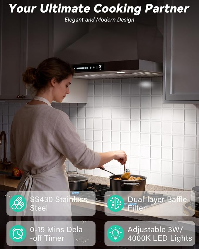 36 inch Stainless Steel Wall Mount Range Hood - 900 CFM, Gesture Control, Ultra-Quiet 4-Speed Vent, LED Lights, Ducted/Ductless Convertible