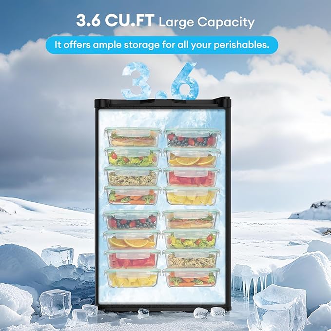 TABU 3.6 Cu Ft Upright Freezer, Compact Freestanding Mini Freezer with 7 Adjustable Thermostat & Removable Shelves, Reversible Stainless Steel Door, Black