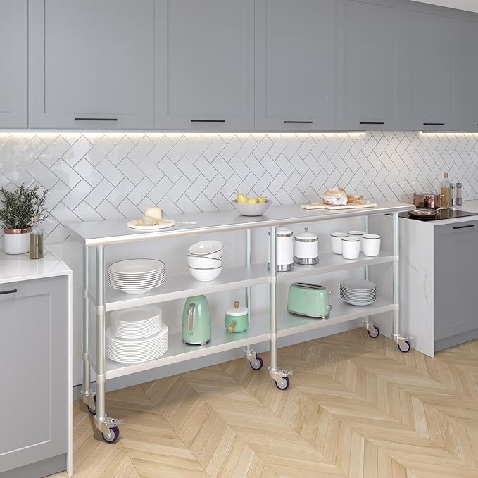 AmGood Stainless Steel Work Table with 2 Shelves and Casters | Metal Utility Table On Wheels (Stainless Steel Work Table with 2 Shelves + Casters, 84" Long x 18" Deep)