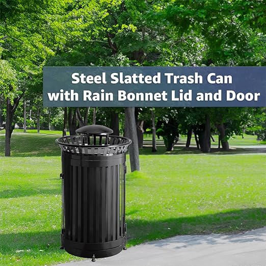 45 Gallon Black Trash Can with Lid and Door, Outdoor Heavy-Duty Commercial Waste Bin Steel Slatted, Round Recycle Container, Durable Garbage Can for Parks, Municipalities, Schools, Parking