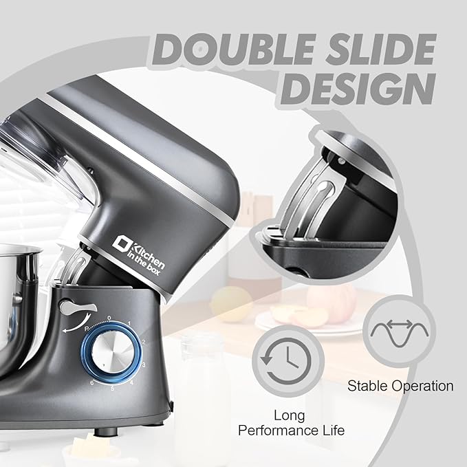 Kitchen in the box Stand Mixer, 6.5QT 660W Kitchen Electric Mixer, 6-Speed Tilt-Head Food Mixer with Dough Hook, Wire Whip and Beater (Grey)