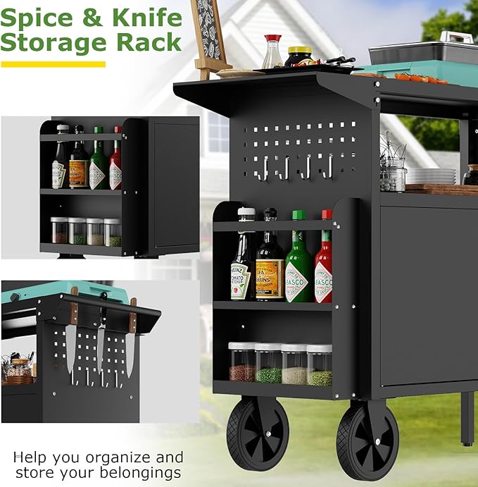 Grill Table,Outdoor Grill Cart with Storage,Outdoor Bar Cart with Wheels,Foldable Tabletop,Kitchen Island for Prep,Patio BBQ(Metal)