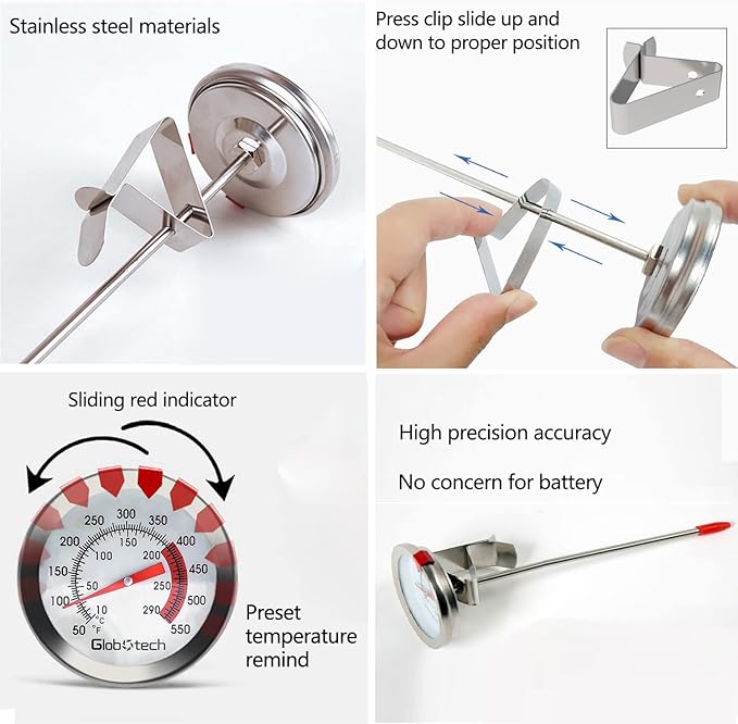 Water Proof 2" Dial Deep Fry Thermometer, Stainless Steel Cooking Thermometers for Meat Candy Grill Turkey, BBQ 12" Long Stem