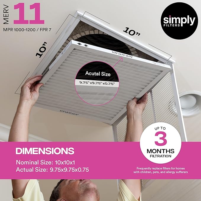 Simply 10x10x1 Air Filter, Merv 11, 6 Pack, For Home AC Furnace & HVAC (Actual Size: 9.75"x9.75"x0.75") DUST, Pet, & Allergy Control