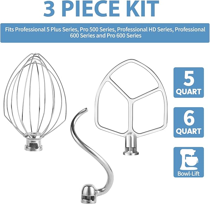 Stainless Steel 3 Piece kit Attachments，Dough Hook 6 Wire Whisk Flat Beater Compatible with KitchenAid 5Plus -6QT Mixer，Bowl Lift Stand Mixer Accessory，Rust Resistant，Dishwasher Safe