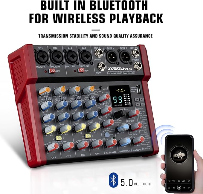 8-Channel Audio Mixer, DJ Mixer, Sound Board Console with 99 DSP Effects, Bluetooth Mixer Input 48V Phantom Power Stereo USB XLR Mixer For Karaoke Studio PC Recording