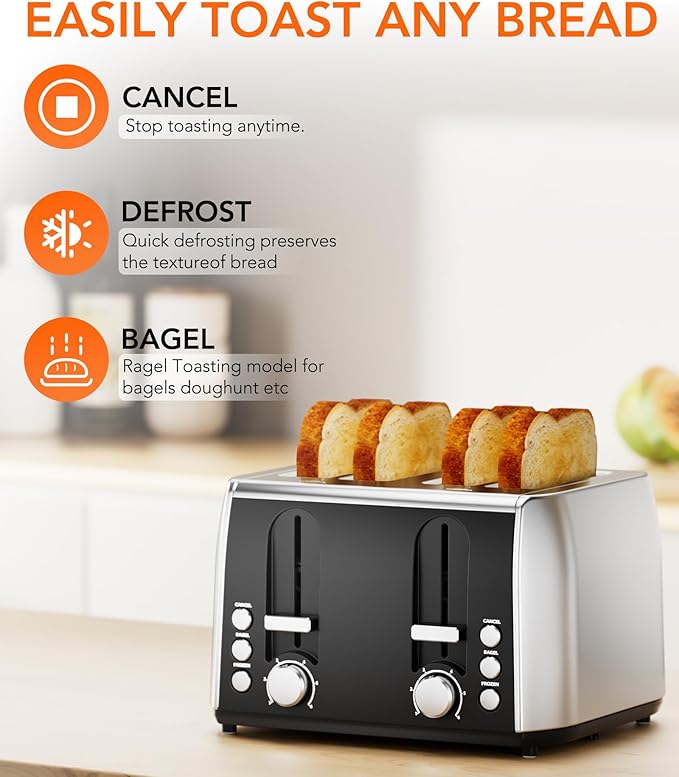 Cowsar Toaster 4 Slice Retro Stainless Steel, Compact 4 Slice Toaster with Extra Wide Slots for Toasting Bread, Bagel, Cancel/Bagel/Defrost Function, Toast Boost, 6 Shade Settings
