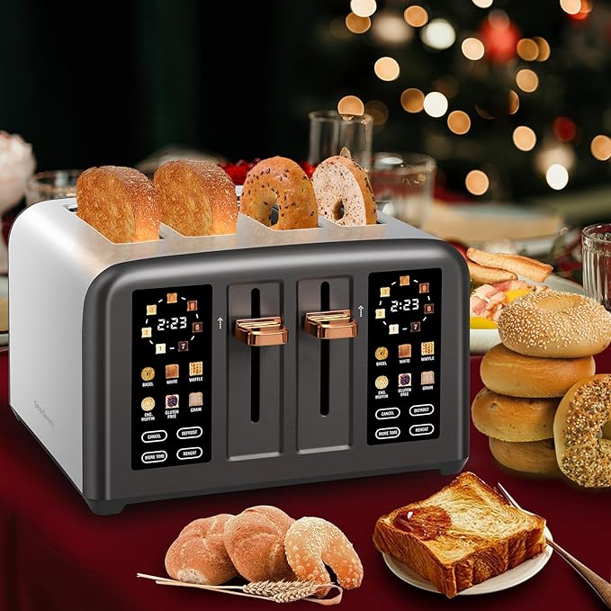 SEEDEEM Toaster 4 Slice, Stainless Steel, Touch Screen for Dual Control, Digital Timer, Smart Toaster with 6 Bread Type, 7 Shade Setting, 1.5''Wide Slot, Removable Crumb Tray, 1800W, Dark Metallic