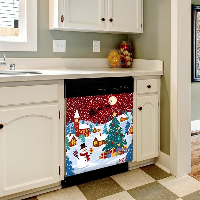 Christmas Night Dishwasher Magnet Cover, 23" W x 26" H Fridge Magnetic Stickers Reuseable Magnet Panel Decal Cover for Washing Machine Fridge Microwave Cabinet Kitchen Christmas Decoration