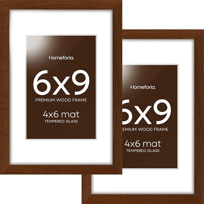 Homeforia 6x9 Picture Frame Brown Wood, High End Dark Oak 6x9 Walnut Wooden Frames with Mat 4x6 Photo, 6 x 9 Frame Matted to 4 x 6 Print, 9x6 Wall or Tabletop Frame, Tempered Glass, Wall Kit, Set of 2