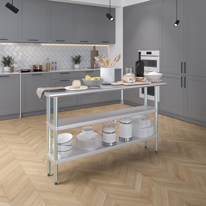 AmGood Stainless Steel Work Table with 2 Shelves | NSF | Metal Utility Table (60" Long x 14" Deep)