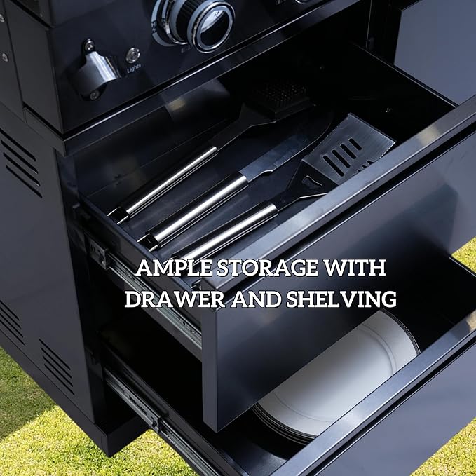 98-Inch Modular Propane-Powered Outdoor Kitchen Island, All-in-One Patio Cooking Station with BBQ Grill, Refrigerator, Sink & Storage