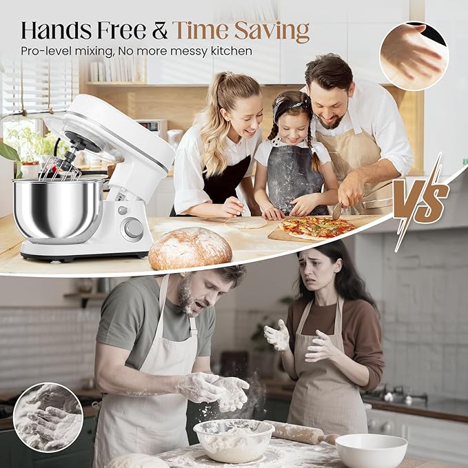 800W Stand Mixer with 5.3QT Stainless Steel Bowl - 6+P Adjustable Speed Electric Kitchen Mixer with Dough Hook, Whisk & Beater, Tilt-Head & Non-Slip Design- White (YD-385NS)