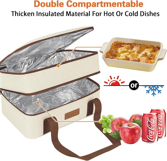 LHZK Double Decker Insulated Casserole Carrier for Hot or Cold Food, Expandable Hot Food Carrier, Lasagna Holder Tote for Potluck Parties, Picnic, Beach, Fits 11 x 15 or 9 x 13 Baking Dish (Beige)