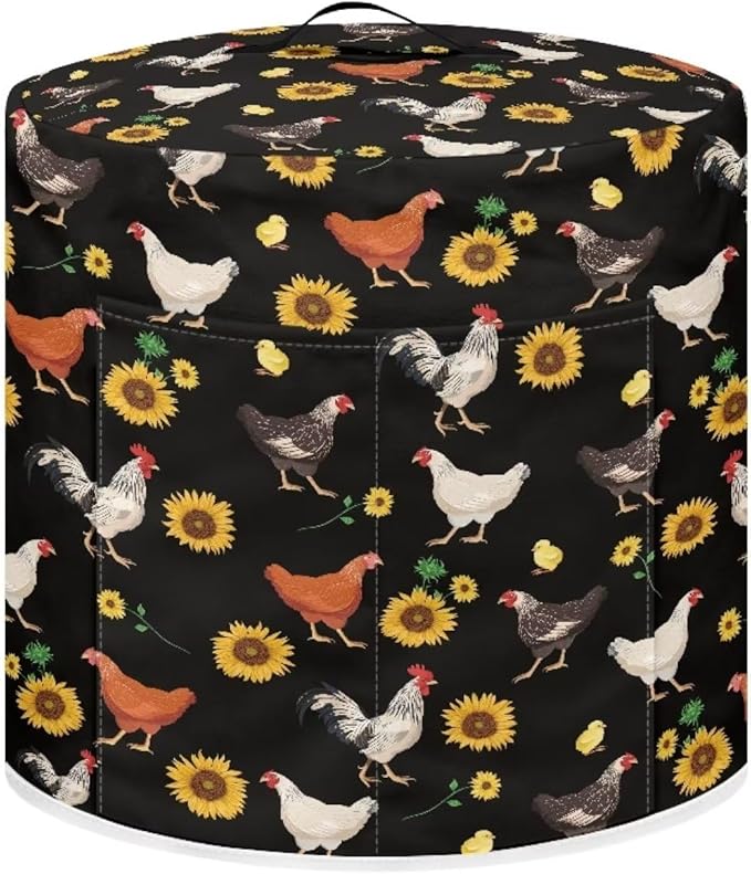 Insulated Pressure Cooker Appliance Cover, Also Fit for Rice Cooker, Air Fryer and Crock Pot, 8 Qt Dust Cover with Pocket for Spoon/Cooking Utensils/Recipes, Chicken Sunflower Black