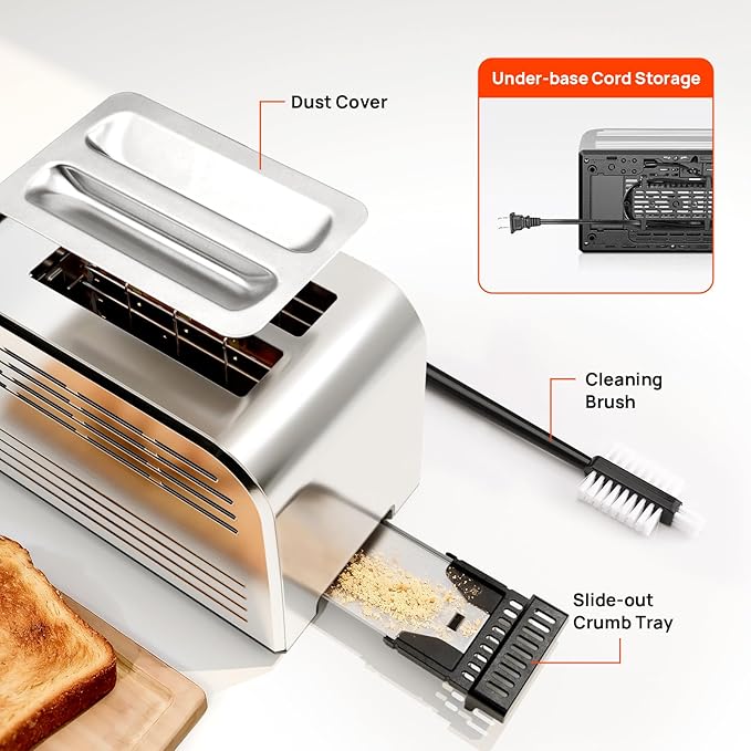 2 Slice Toaster, Consciot Smart Touchscreen Toaster with 6 Browning Levels, Reheat/Defrost/Cancel Functions, Extra-Wide Slots, Removable Crumb Tray, Auto Pop-up & Anti Jam, Peak 925W, Stainless Steel
