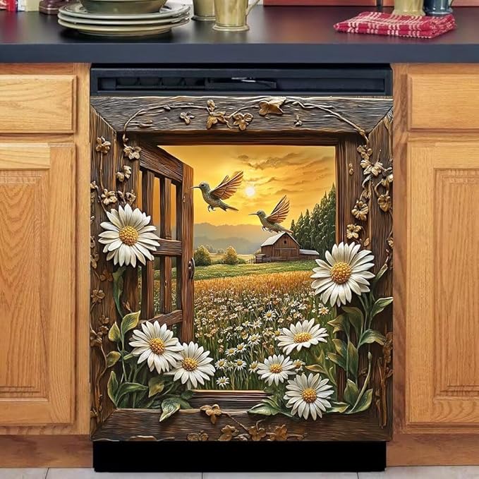 Daisy Floral Farmhouse Scene Magnetic Dishwasher Cover Vinyl Sticker,Vintage Wooden Dishwasher Magnet Cover, Hummingbirds Fridge Door Cover Magnets Art Skin Panel Decal for Home Decor, 23"X26"