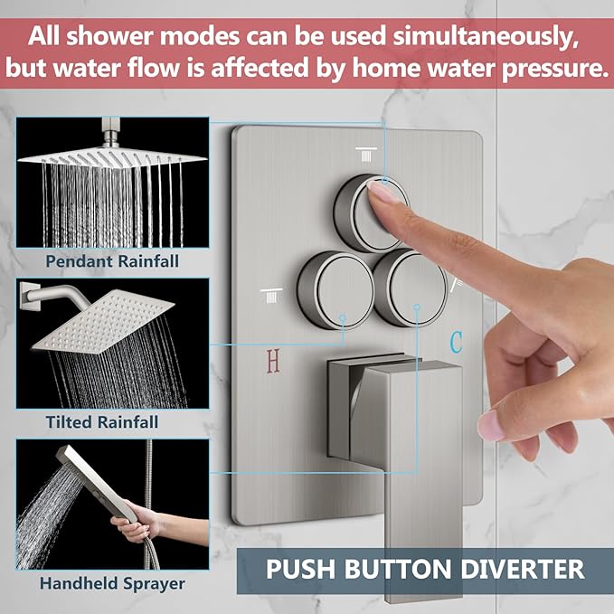 Aolemi Shower Faucet Set Ceiling Mount Shower System Rough-in Valve and Shower Trim Kit 2 in 1 Handheld Spray Push Button Diverter 16 and 6 Inch Dual Shower Head Brushed Nickel