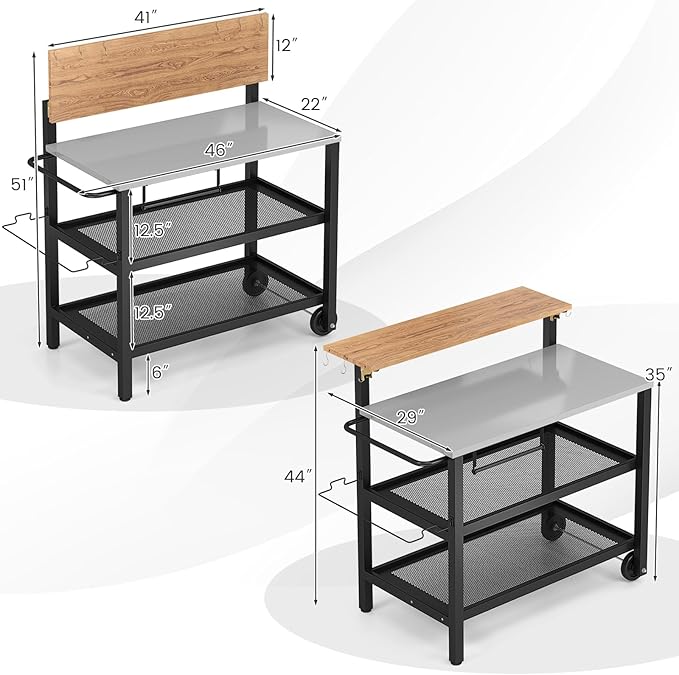 GOFLAME Outdoor Patio Cart Table, Kitchen Shelf on Wheels with Flip Top, Trash Bag Holder, Movable Hooks, Side Handle, Rolling Dining Grill Table, 4-Tier Serving Cart for Home, Bar (Without Chairs)