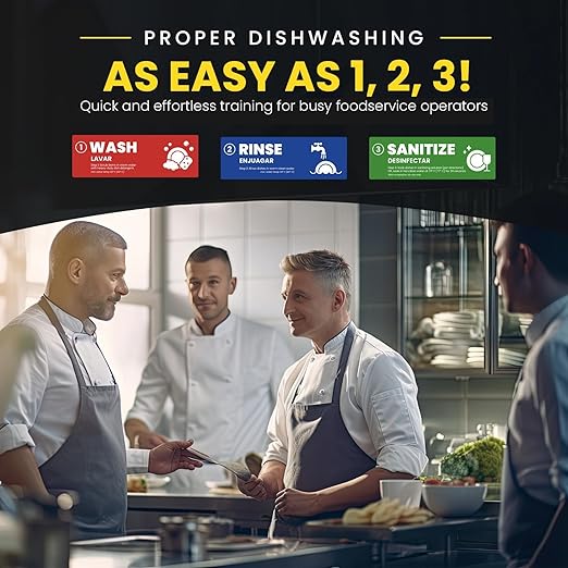 [Enhanced] Wash Rinse Sanitize Sink Labels, Hand Wash Only, and Employee Must Wash Hands | 3 Compartment Sink Stickers | Training Labels for Dishwashing | Food Service Operators (1 Set: 6 x 2 in)