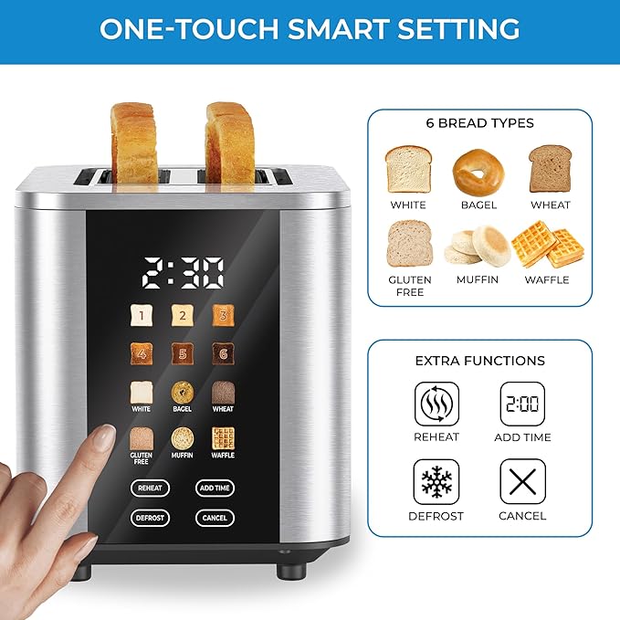 Kenmore 2-Slice Toaster - Color Touch Screen & 6 Shade Settings, Extra Wide Slots, Digital Countdown Timer, Customizable Smart Presets, Reheat, Defrost, Add Time Functions, Stainless Steel