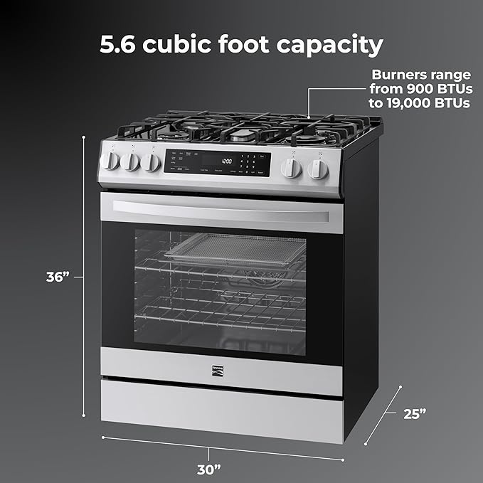 Kenmore 2276843 5.6 cu. ft. Front Control Gas Range Oven with 5 Burners - Fan Convection, Air Fry, Self Clean, Turbo Boil+, Chrome Racks, Cast Iron Grates, Wok Ring, LP Kit - Stainless Steel