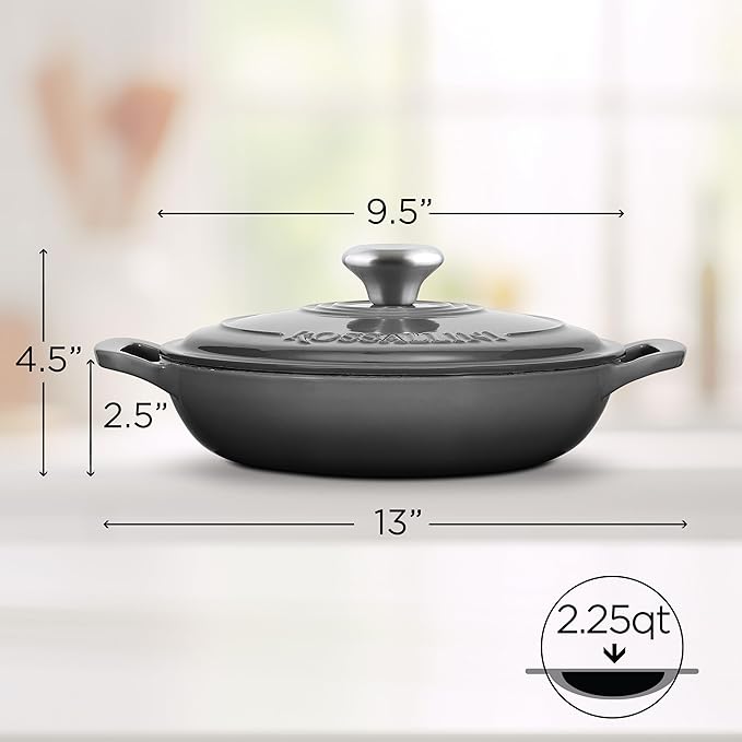 Signature Enameled Cast Iron Braiser, Non-Stick Serving Pot with Tight Fitting Lid for Perfect Roasting, Baking, Sauteing, Searing, and Pan Frying | 2.25Q (2.1L) - Oyster Grey