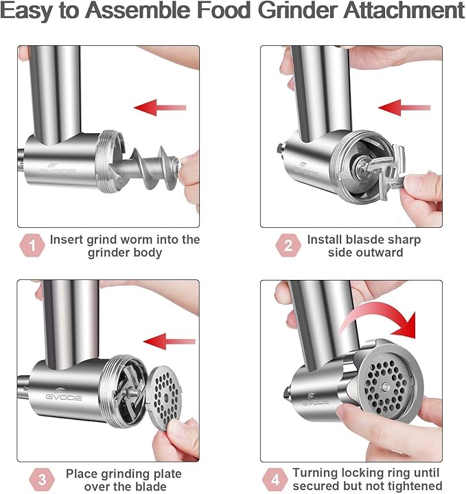 GVODE Stainless Steel Meat Grinder Attachment for KitchenAid Stand Mixer, Meat Grinder for KitchenAid Includes 4 Grinding Plates & 3 Sausage Tubes, Dishwasher-Safe Design with Sausage Stuffer Kit