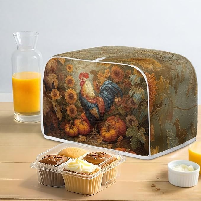 UNICEU Fall Toaster Cover 4 Slice Rooster Pumpkin Sunflower Print Stain Resistant Dust Proof Cover for Bread Maker Washable Kitchen Small Appliance Covers