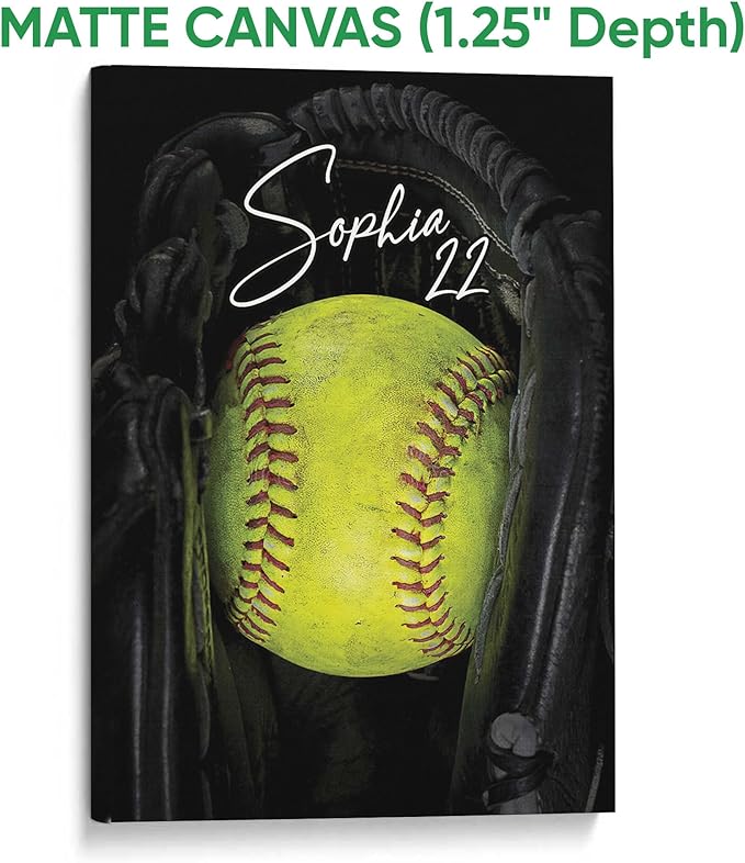 Custom Softball Ball Black Glove Sports Gift For Girls Players Personalized Name Number Poster & Framed Canvas, Wall Art Home Office Decoration Living Room Bedroom Aesthetic Decor