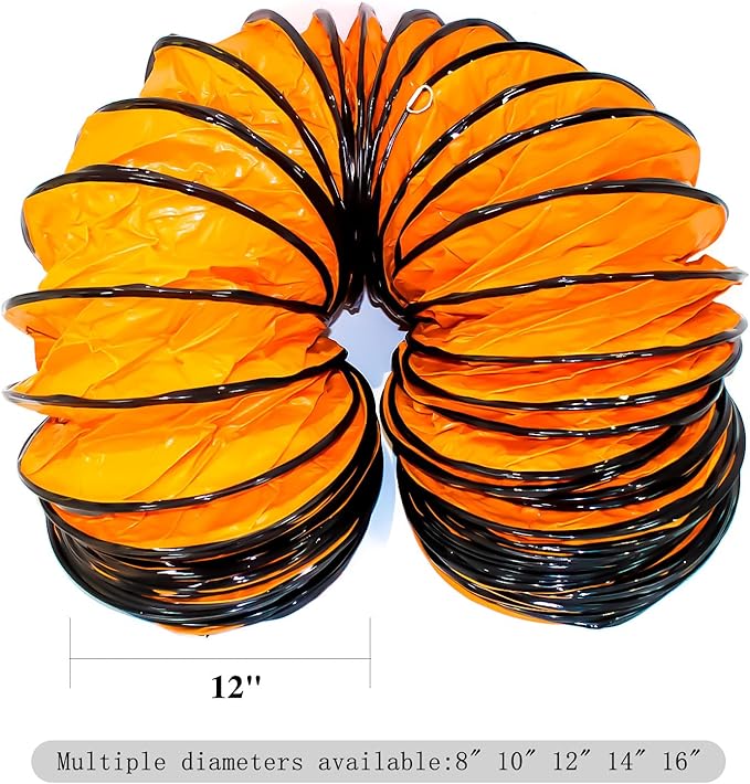 12"×33FT PVC Flexible Duct Hose, Flame Retardant HVAC Ducting with Adjustable Rope, D Hook & Steel Support for Ventilation, Exhaust, Drying, and Cooling Applications