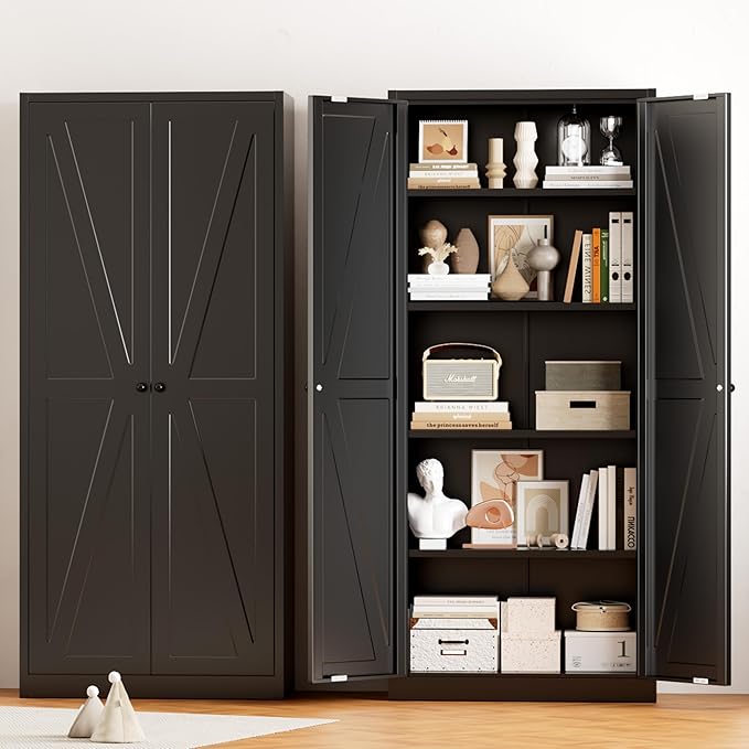 Greenvelly Metal Cabinet, 63" H Black Metal Storage Cabinet with Doors and 4 Shelves, Pantry Storage Cabinet for Kitchen, Bedroom, Living Room, Office (Farmhouse)