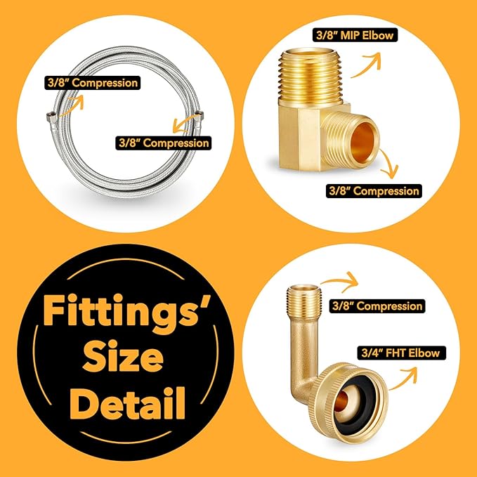 Dishwasher Installation Kit, 4 FT Stainless Steel Braided Dishwasher Water Supply Line with Food-Grade PEX, 3/8" x 3/8" MIP & 3/8" x 3/4" FHT Elbow Connectors