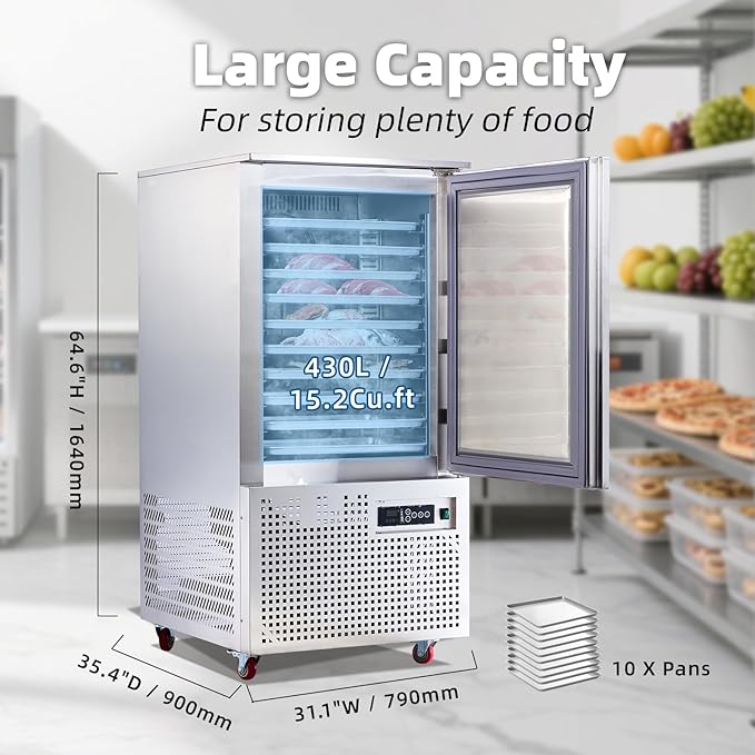 Commercial Blast Chiller 10 Trays, Shock Freezing Blast Chiller & Freezer Heavy Duty, Flash Freezer for Ice Cream, Seafood, Desserts, Meat-Lowest Temperature -40°C