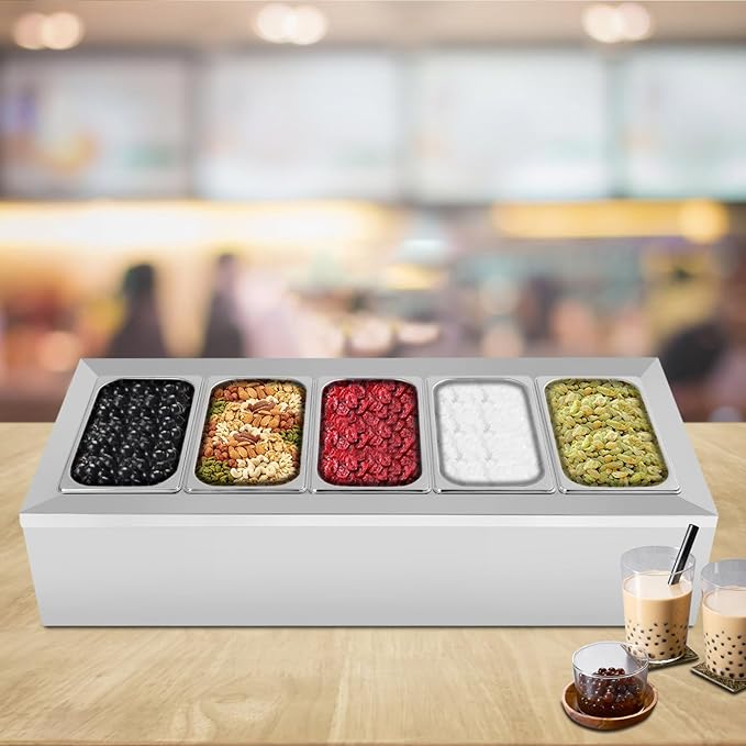 Pizza Topping Station with 5 Pans & Lids, Stainless Steel Condiment Prep Station Food Container Pans, (Country Rustic)