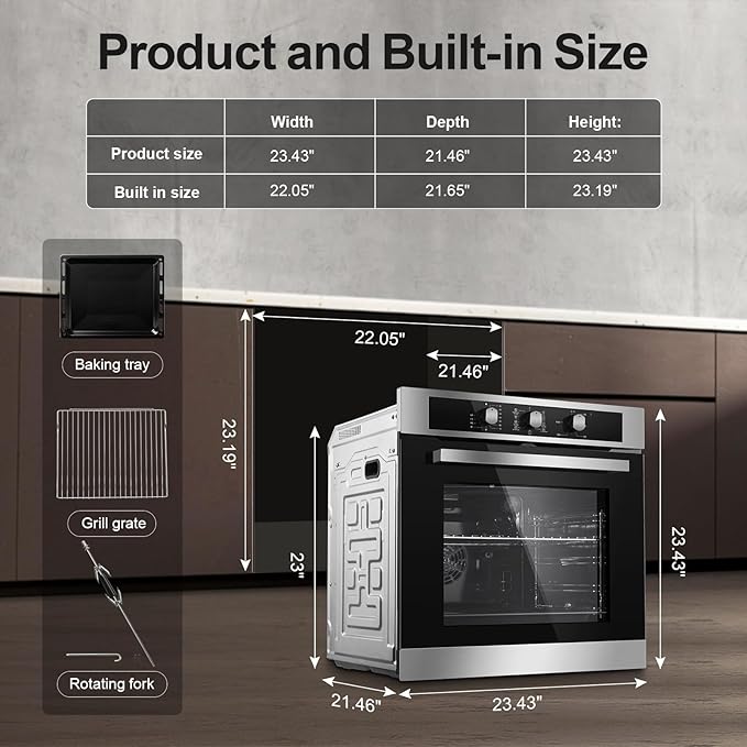 24 Inch Single Wall Oven 2.8 Cu.Ft 3220W, Electric Oven with Mechanical Knob Control, 9 Functions, 360° Rotisserie,Triple Glass Door & Enamel Cavity for restaurant, hotel, and home