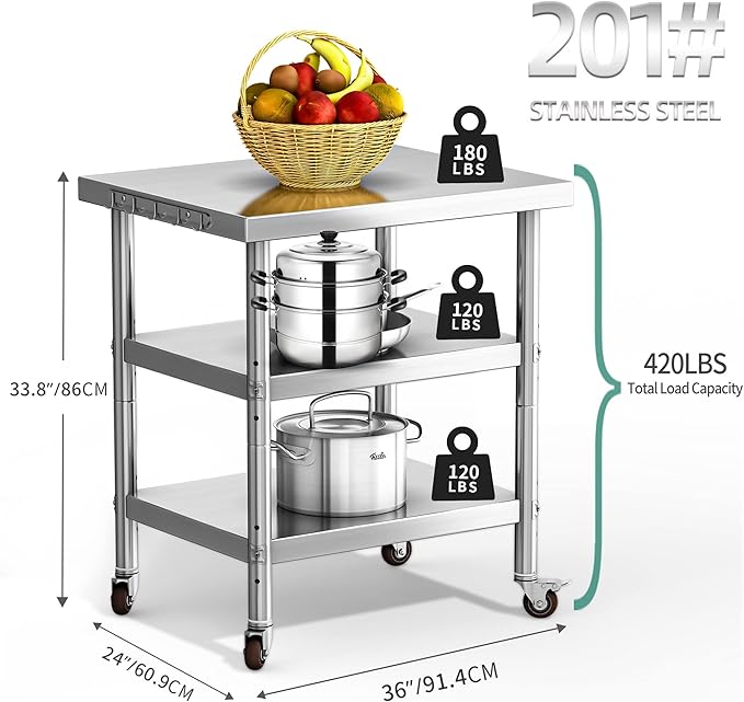 YITAHOME NSF Stainless Steel Table, 36" X 24" Worktable with Wheels, 3 Shelves Metal Prep Workstation for Home Kitchen Restaurant Garage Warehouse Outdoor