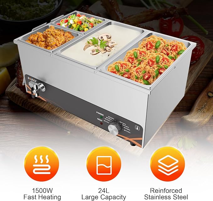 Commercial Food Warmer, 4 Pan 25QT Bain Marie Stainless Steel Electric Food Warmers, 1500W Buffet Warmer Soup Warmer with Temperature Control, Tap, Soup Spoon, for Catering Parties Restaurants