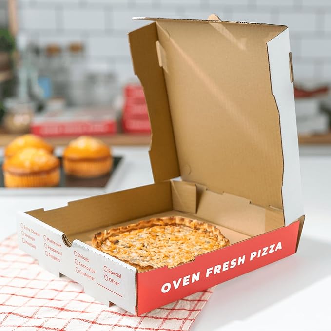 Karat Pizza Boxes 10" x 10" [50 Pack] Classic Red Print Corrugated Boxes | Ventilated, Grease-Resistant, Durable for Pizza or Mailing Use