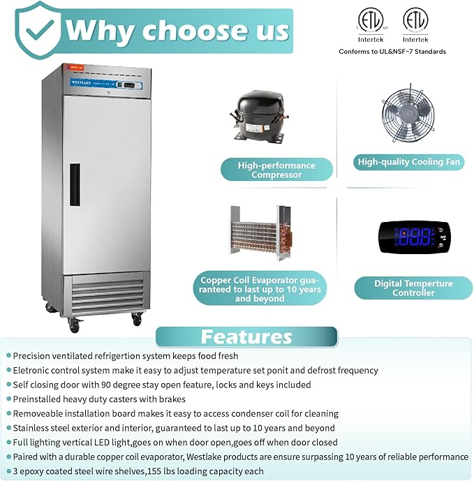 WESTLAKE 27" W Commercial Refrigerator Stainless Steel Reach in Solid Single Door Upright Fan Cooling 23 Cu.ft Cooler for Restuarant, Bar, Shop, etc
